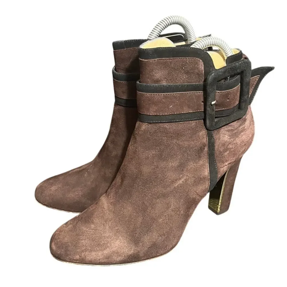 Kate‎ Spade Suede Ankle Boots Booties Heeled Brown Womens Designer Size 7.5B